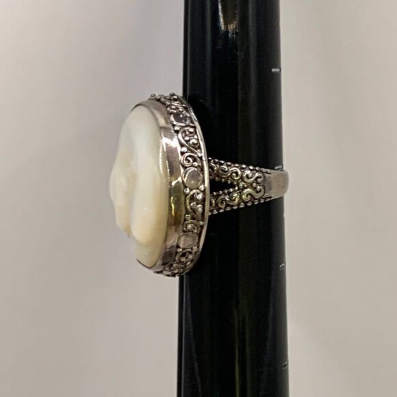 Curled Up Sleeping Cat Carved Mother of Pearl SARDA Sterling silver Ring J834 - Picture 6 of 9